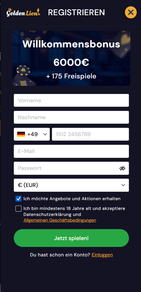 Registrierungsfenster von Golden Lion mit Willkommensbonus 6000 Euro und 175 Freispielen
