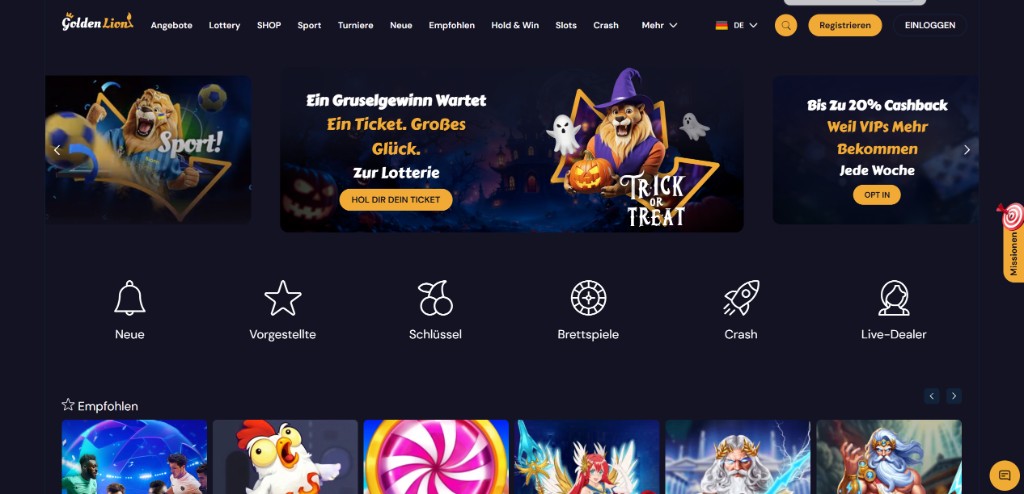 Startseite von Golden Lion mit Banner, Kategorien und empfohlenen Spielen